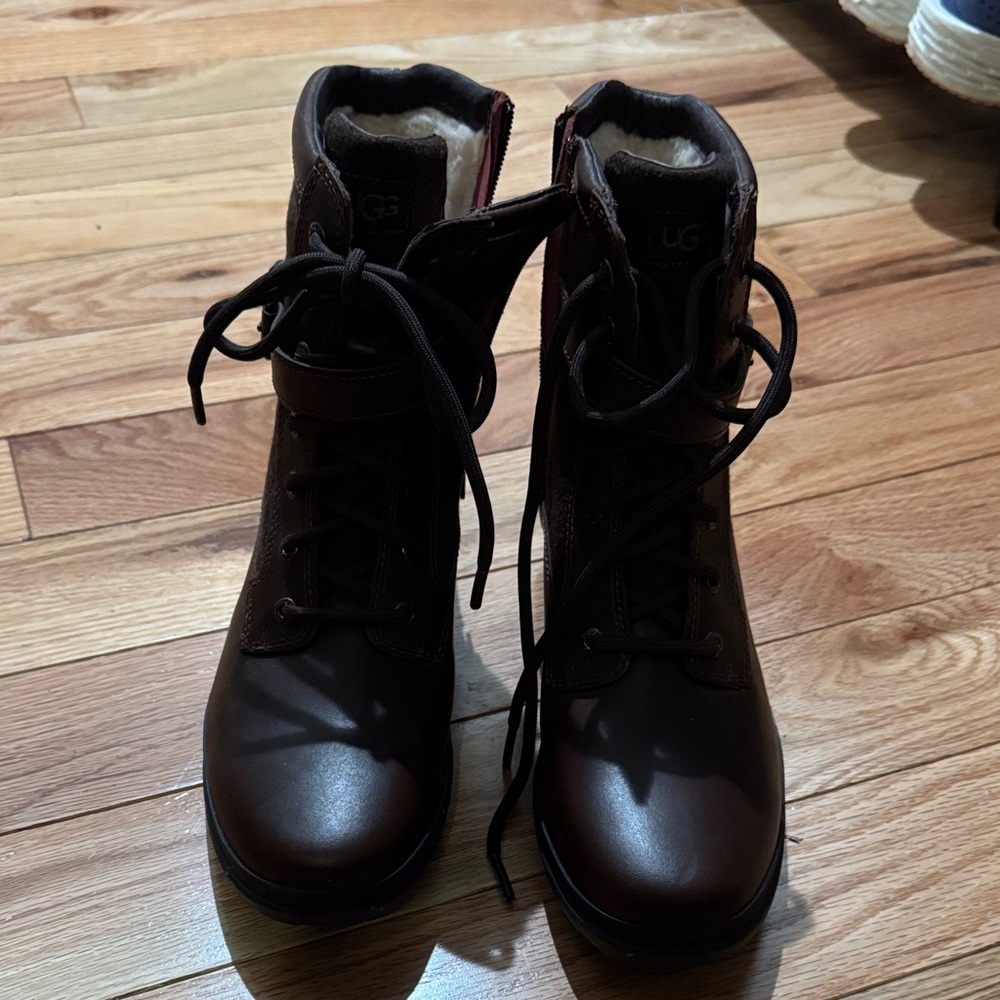 UGG Dark Brown Leather Lace-Up Boots